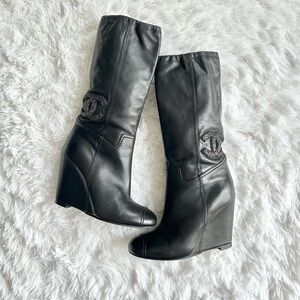 Vintage Chanel CC Black Heeled Wedge Boots